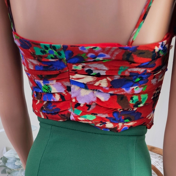 ZARA Red Floral Print Ruffled Corset Crop Adjustable Straps Top Size Medium - Picture 4 of 6